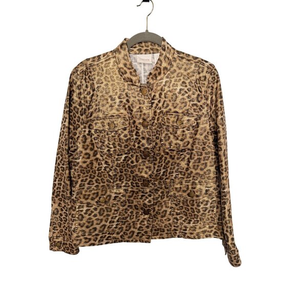 Chico's Jacket Brown Leopard print metallic Finish Pockets Womans 2/L - Picture 1 of 6